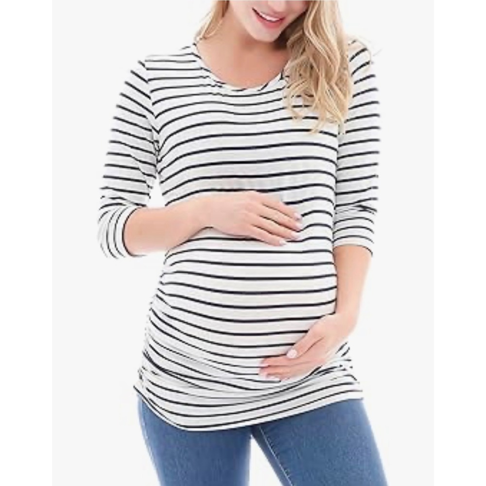 Smallshow Maternity Top Navy Blue White Striped Long Sleeve Ruched  S
